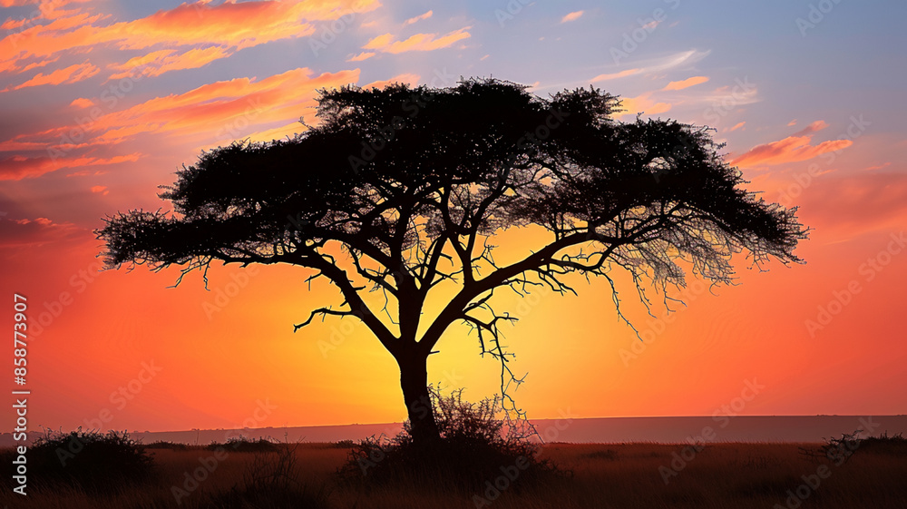 Silhouette of acacia tree against orange sunset sky, AI Generative Silhouette of acacia tree against orange sunset sky, AI Generative