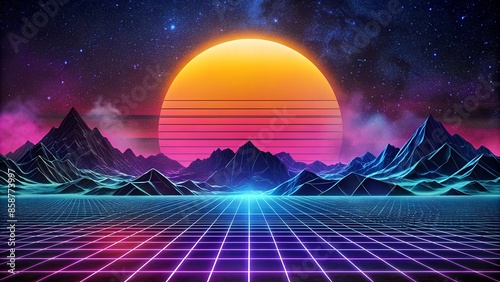 80s Retro Sci-Fi Background with Sunrise or Sunset night sky with stars, mountains landscape infinite horizon mesh in neon game style. Futuristic synth retrowave illustration in 1980s posters style