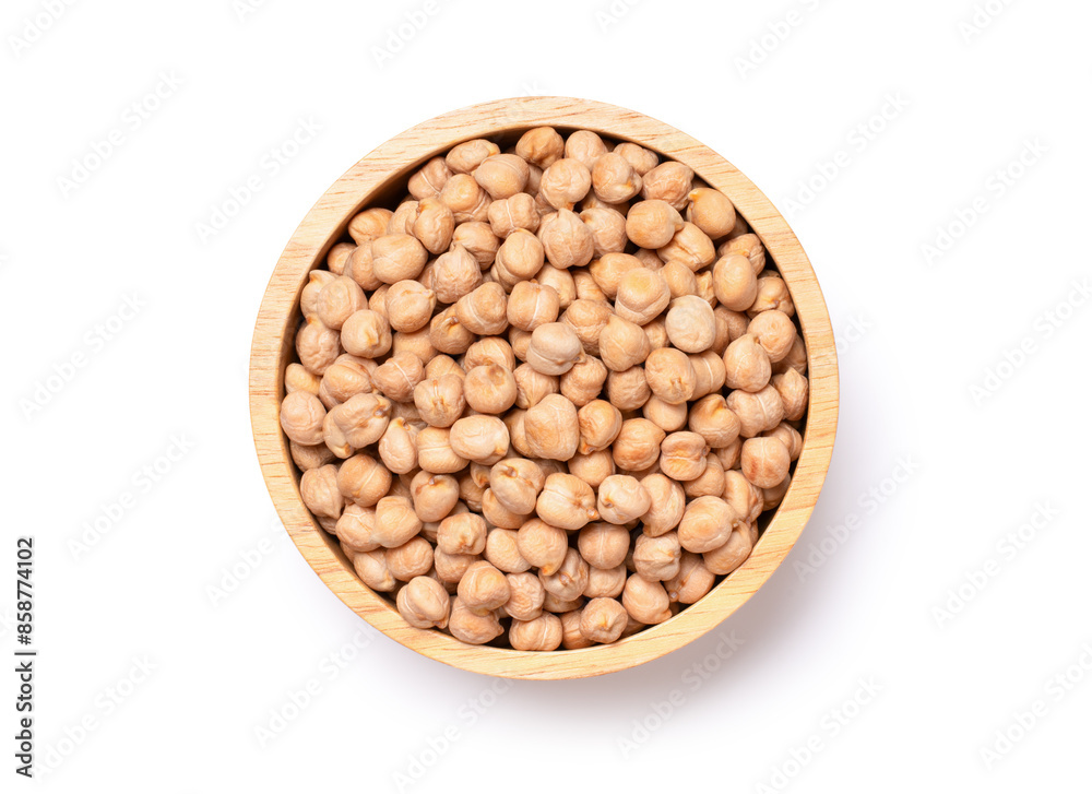 Dry chickpea in wooden bowl isolated on white background with clipping path. Top view, flat lay. Dry chickpea in wooden bowl isolated on white background with clipping path. Top view, flat lay.