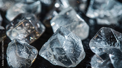 Close up view of natural uncut diamonds on black surface