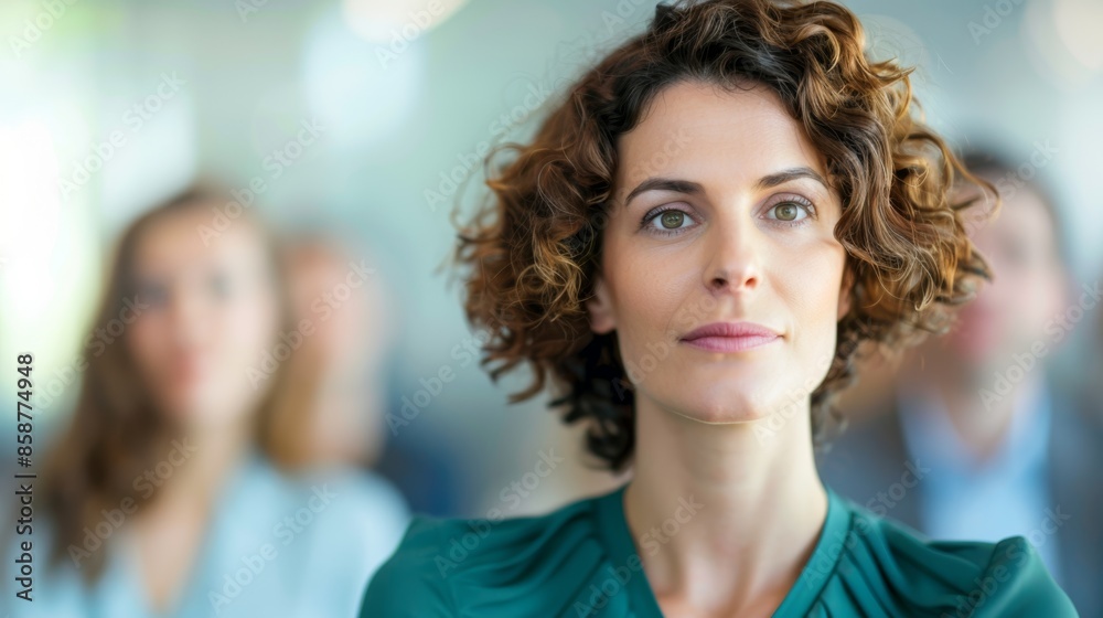 Obraz premium Young Professional Woman Engaged in Conference Room Seminar, Colleagues in Blur, Modern Corporate Setting with Copyspace.