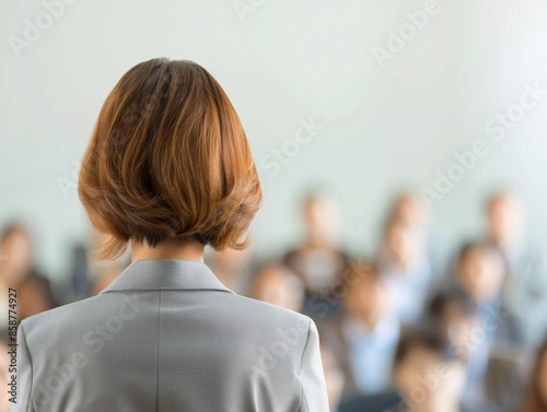 Focused Businesswoman in Vibrant Conference Workshop with Modern Blur Background