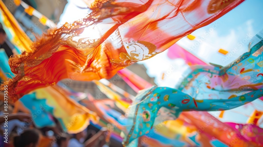 The energy of the festival captured in the movement of the banners flapping with joy and excitement. The energy of the festival captured in the movement of the banners flapping with joy and excitement.