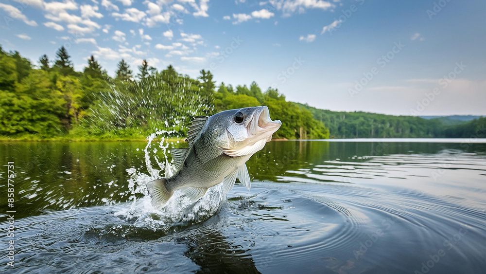 Fototapeta premium Bass fish jumping and splashing water photo