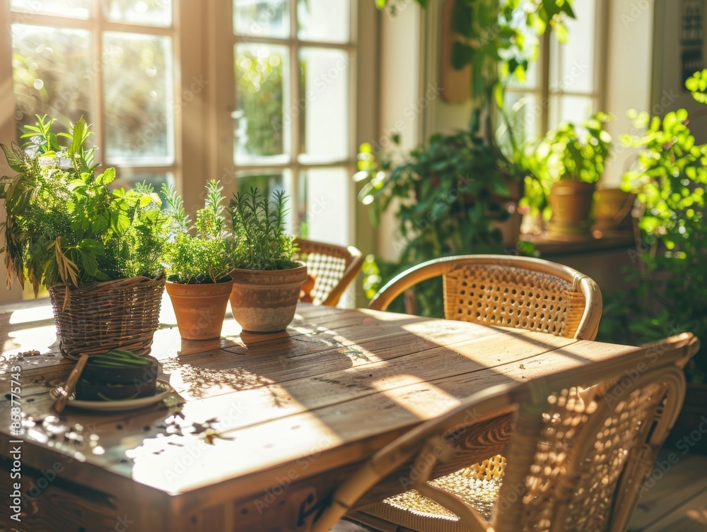 Fototapeta premium Sunlit cozy kitchen with wooden rustic table and potted herbs on top, surrounded by wicker chairs, creating a serene indoor garden atmosphere.