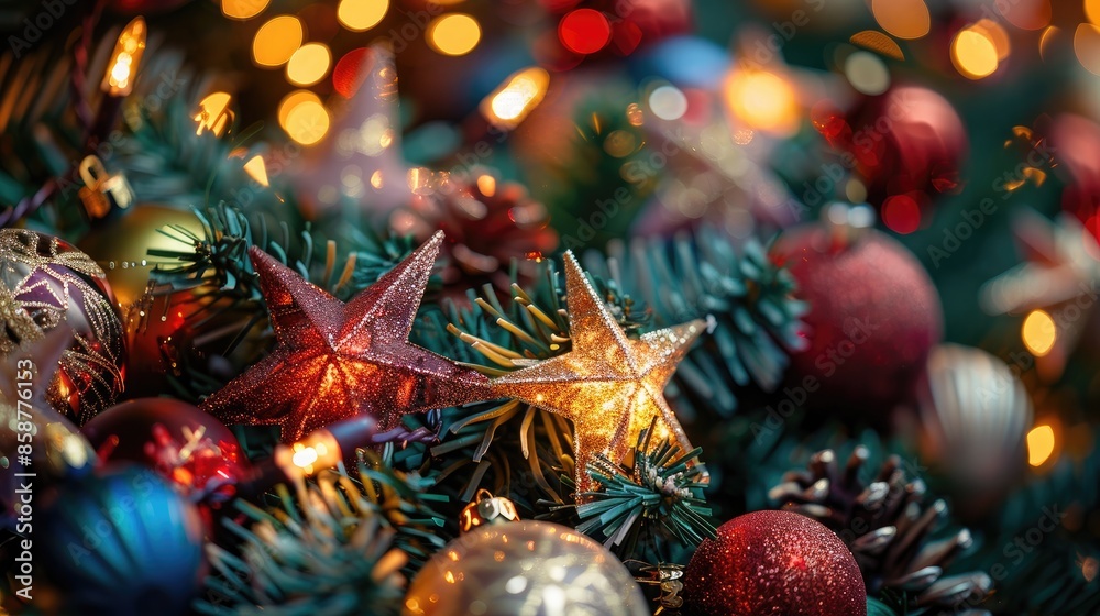 Close up view of vibrant Christmas garland adorned with tiny stars Close up view of vibrant Christmas garland adorned with tiny stars