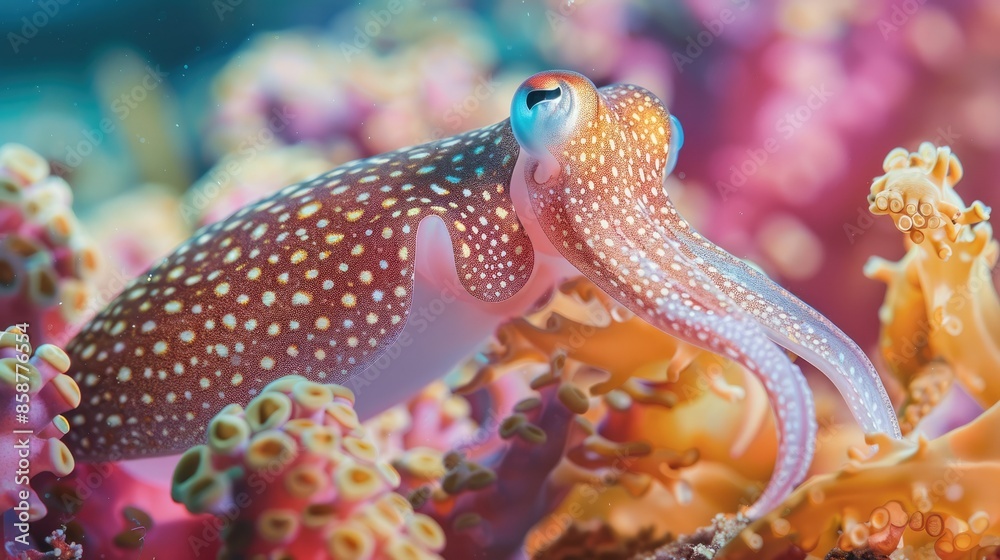 Obraz premium Photograph of a camouflaged squid blending seamlessly into its surroundings, its skin mimicking the patterns of coral or seaweed