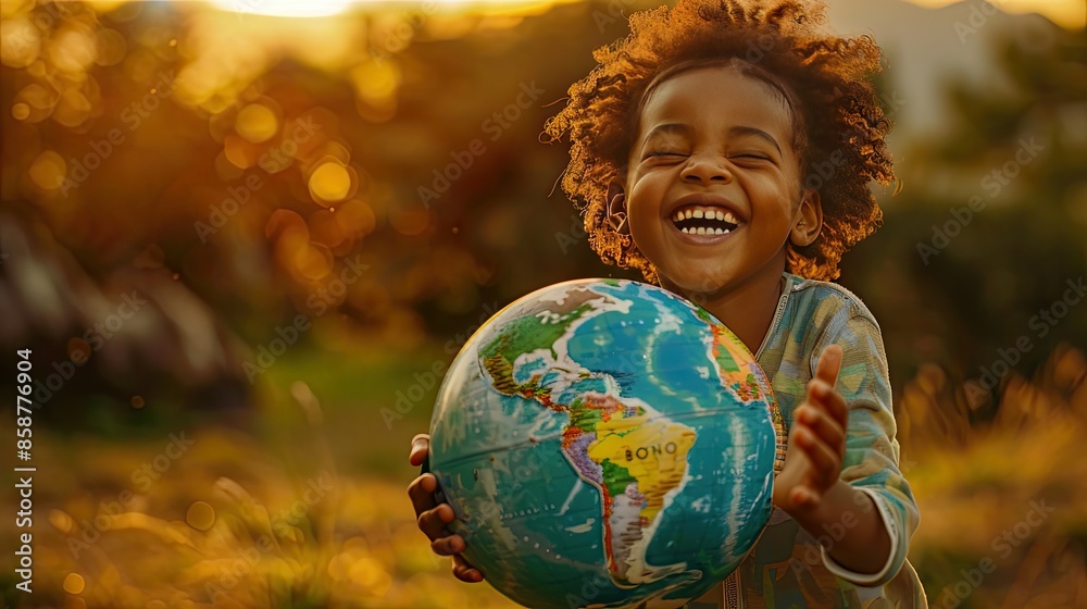 Fototapeta premium Photograph of a child's gleeful smile illuminating their face as they spin a globe, revealing a world of possibilities,