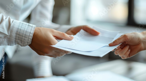 Close-up of a business person handing over documents to another person in an office setting, focusing on the transfer of papers.