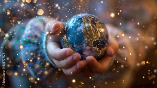 Photograph of a child's hand holding a globe, casting a warm glow, symbolizing the interconnectedness of humanity