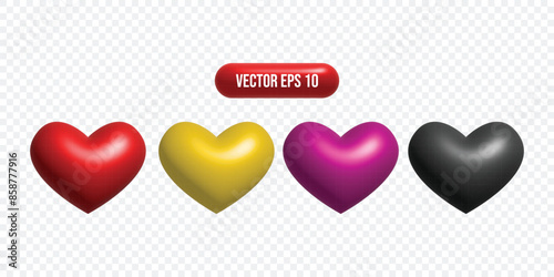 3d glossy heart set collection. Hearts collection three dimensional render vector illustration. Red and colorful hearts