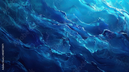 Vibrant abstract blue ocean waves with swirling patterns and varying shades, creating a dynamic and calming underwater scene.