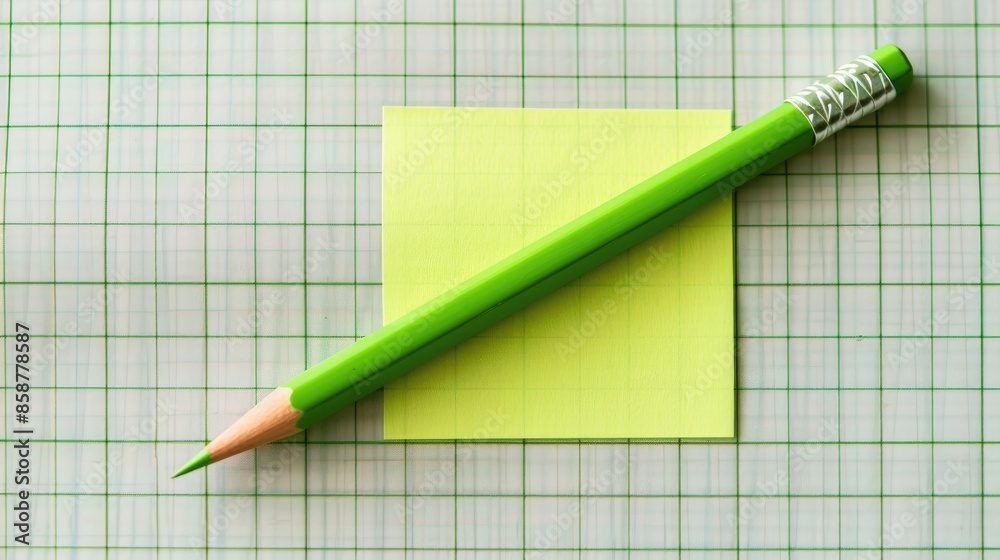 Green pencil and sticky note on grid paper Green pencil and sticky note on grid paper