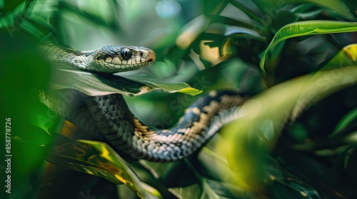Photograph of a curious snake slithering through lush greenery,