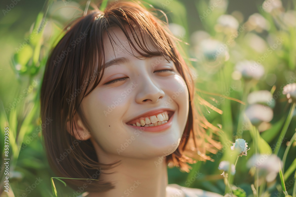 a woman smiles in a field of flowers