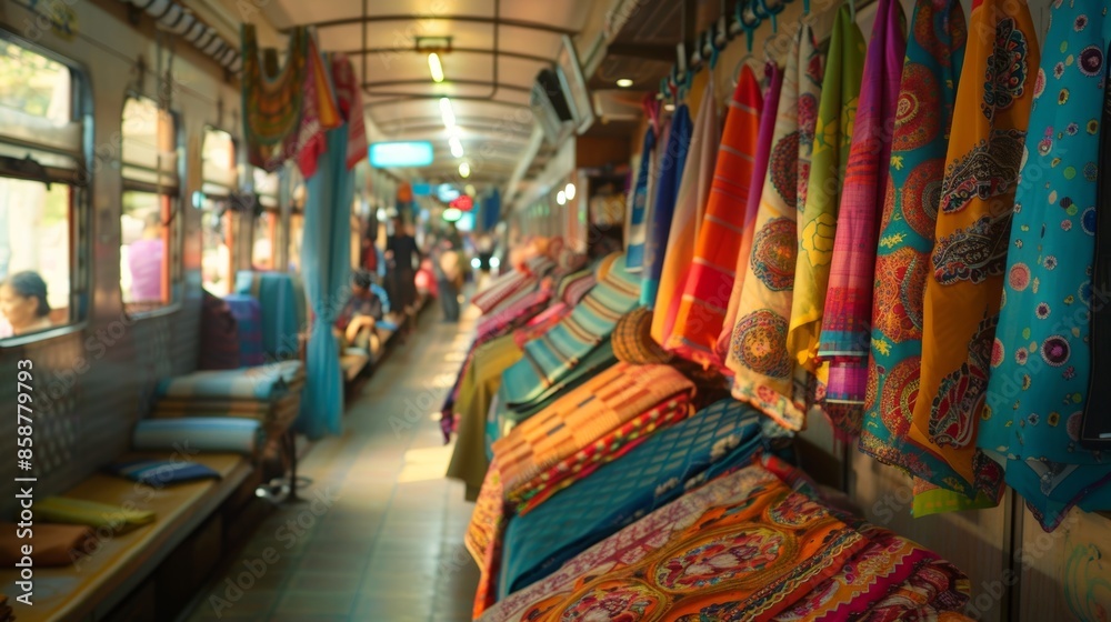 Colorful fabrics and handicrafts catch the eye of passengers passing through the train market. Colorful fabrics and handicrafts catch the eye of passengers passing through the train market.