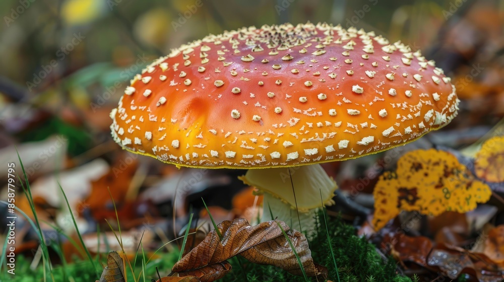 Unusual forest mushroom with brown hat and white spots Unusual forest mushroom with brown hat and white spots