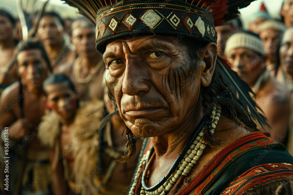a man with a feather headdress and a large group of people a man with a feather headdress and a large group of people