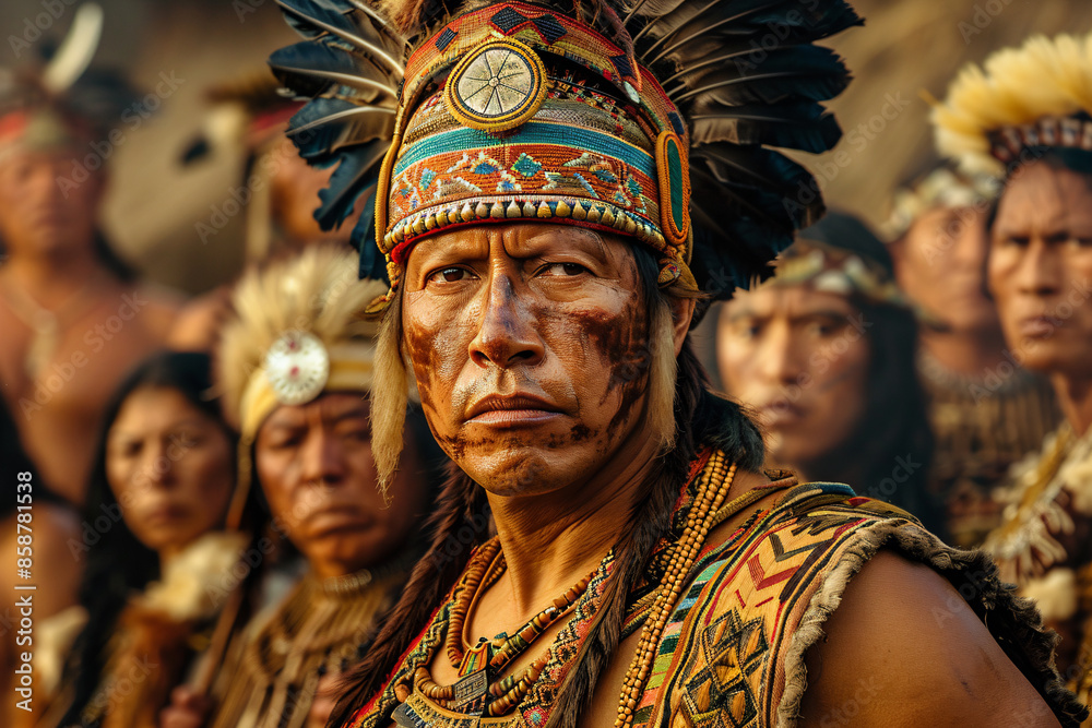 Fototapeta premium a man with a feather headdress and a lot of other people