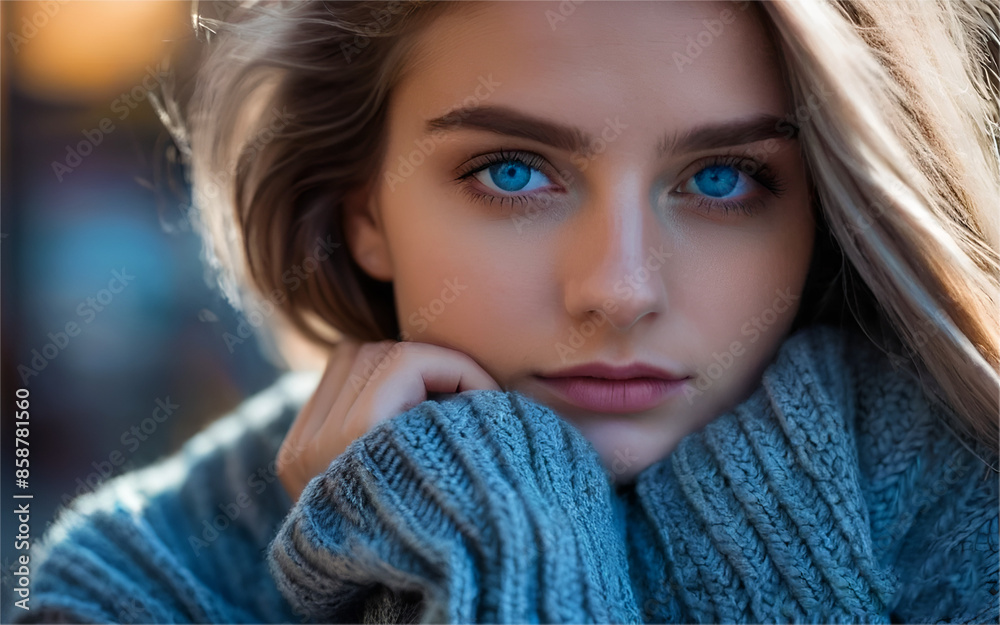 Closeup face of young woman with blue eyes wearing gray sweater Closeup face of young woman with blue eyes wearing gray sweater