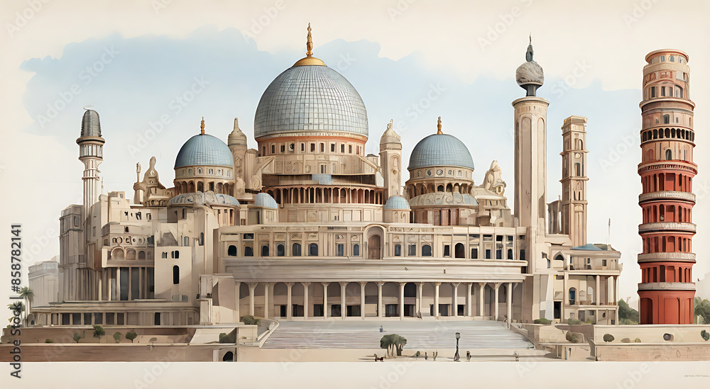 Obraz premium Detailed illustrations of architectural marvels from around the world, emphasizing their unique designs and historical significance 