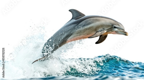 Photograph of a playful dolphin leaping out of the ocean waves,