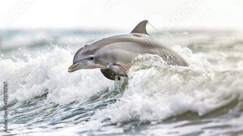Photograph of a playful dolphin leaping out of the ocean waves, © Varunee