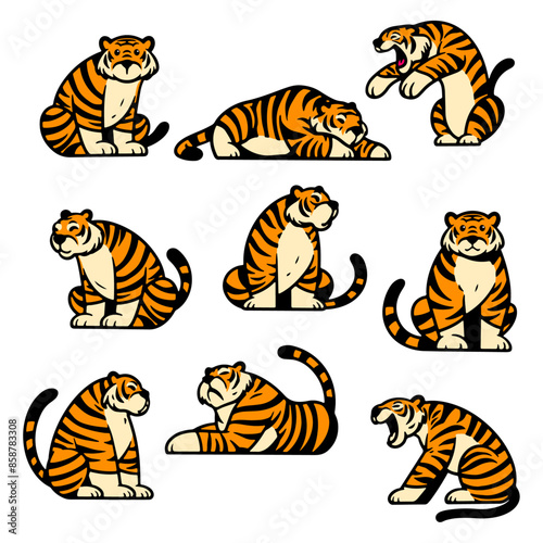 Set of cute tigers in sitting and roaring poses. Perfect for kids' coloring books, shirts, and more. Isolated vector flat art on a white background for your creative projects.