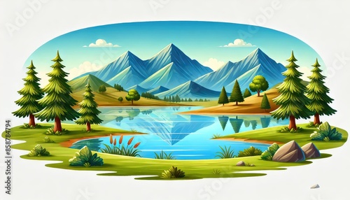 Peaceful landscape clipart with mountains and a tranquil lake. watercolor illustration. Beautiful Landscape of Country Side at Spring time. © JR BEE