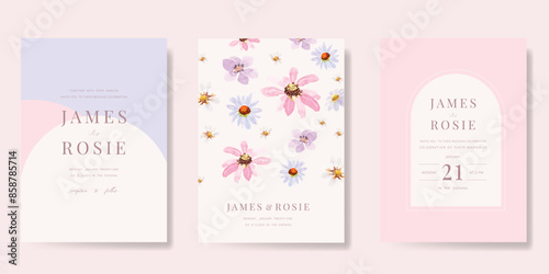 sweet elegant pink botanical Wedding Invitation, floral invite thank you, rsvp modern card Design in leaf and flower water color texture decorative Vector elegant rustic template