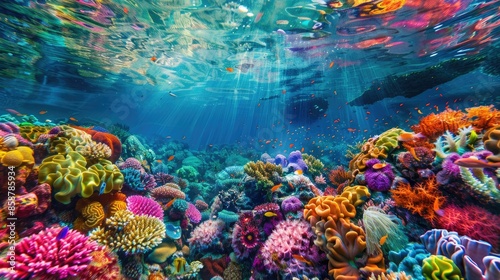 Fototapeta Naklejka Na Ścianę i Meble -  Photograph of a vibrant coral reef teeming with life, its colorful inhabitants darting through the crystal-clear waters, captured in stunning underwater photography.