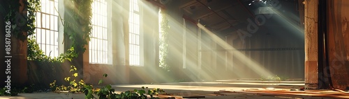 Sunlight streams through the windows of an abandoned warehouse, casting shadows and highlighting the ivy climbing the walls.