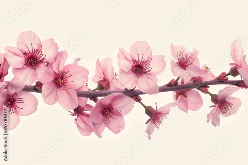 Isolated vector illustration of a blooming cherry blossom branch on a white background, symbolizing the arrival of spring, delicate and vibrant 