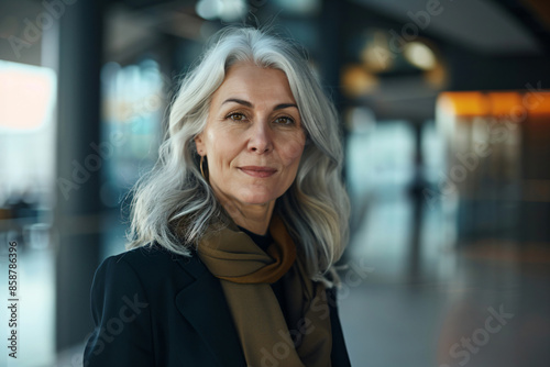 a woman with grey hair and a scarf