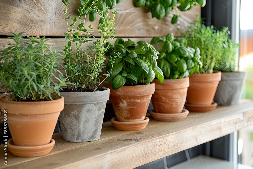 Potted Herbs on Wooden Shelf Potted Herbs on Wooden Shelf
