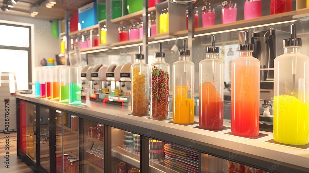 Digital rendering of a soda fountain with various flavors and condiments, highlighting the customizable options and refreshing choices available Digital rendering of a soda fountain with various flavors and condiments, highlighting the customizable options and refreshing choices available