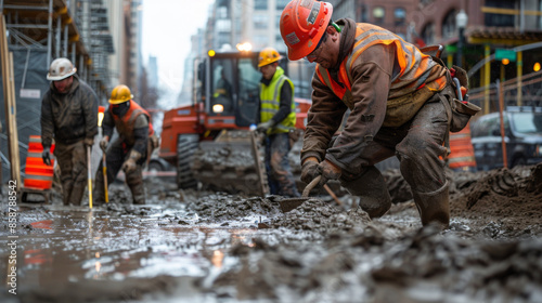 Construction workers laboring in a muddy urban site, demonstrating hard work and determination in building infrastructure. © khonkangrua