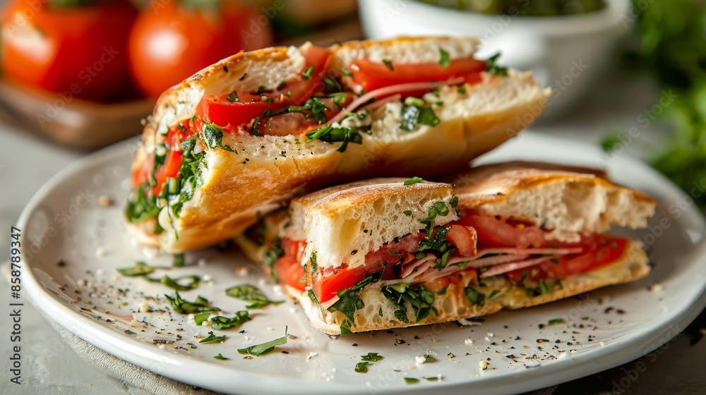 Gourmet Italian focaccia sandwiches, with fresh fillings, epitomize the trend of upscale, casual dining, served on a clean white plate.