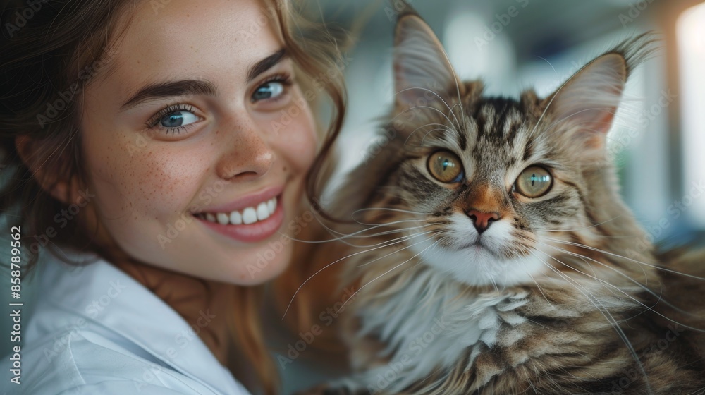 smiling young caucasian woman veterinarian and fluffy big cat on examination table in veterinary clinic, treatment of cats at veterinarian smiling young caucasian woman veterinarian and fluffy big cat on examination table in veterinary clinic, treatment of cats at veterinarian
