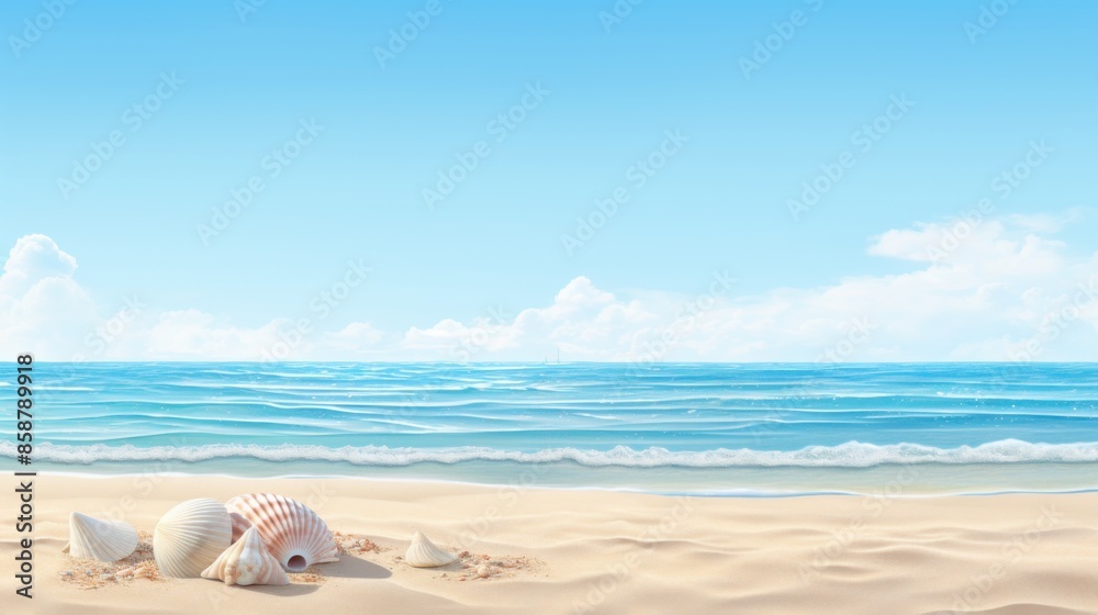 Shells on the sandy beach with blurred ocean and blue sky with clouds in the background Shells on the sandy beach with blurred ocean and blue sky with clouds in the background