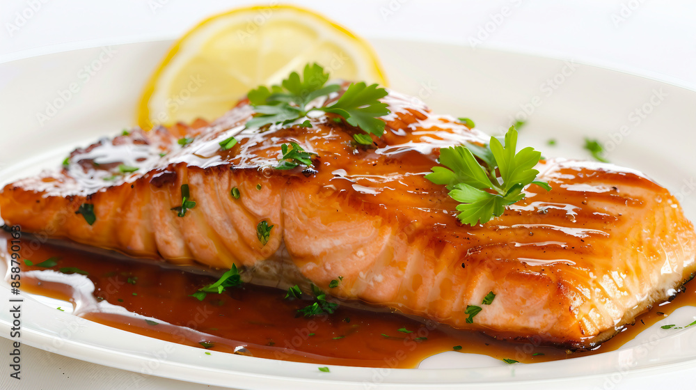 Succulent Honey Glazed Salmon Fillet on a Bed of Greens - Delicious Gourmet Seafood Concept Stock Photo Succulent Honey Glazed Salmon Fillet on a Bed of Greens - Delicious Gourmet Seafood Concept Stock Photo
