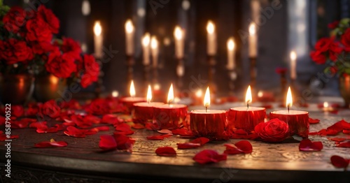 Burning candles on a blurry warm background. Holidays, spa, party, romance, memory, Christmas, valentine. Mother's day, family day. Banner, poster, background. Copy space © Eugen