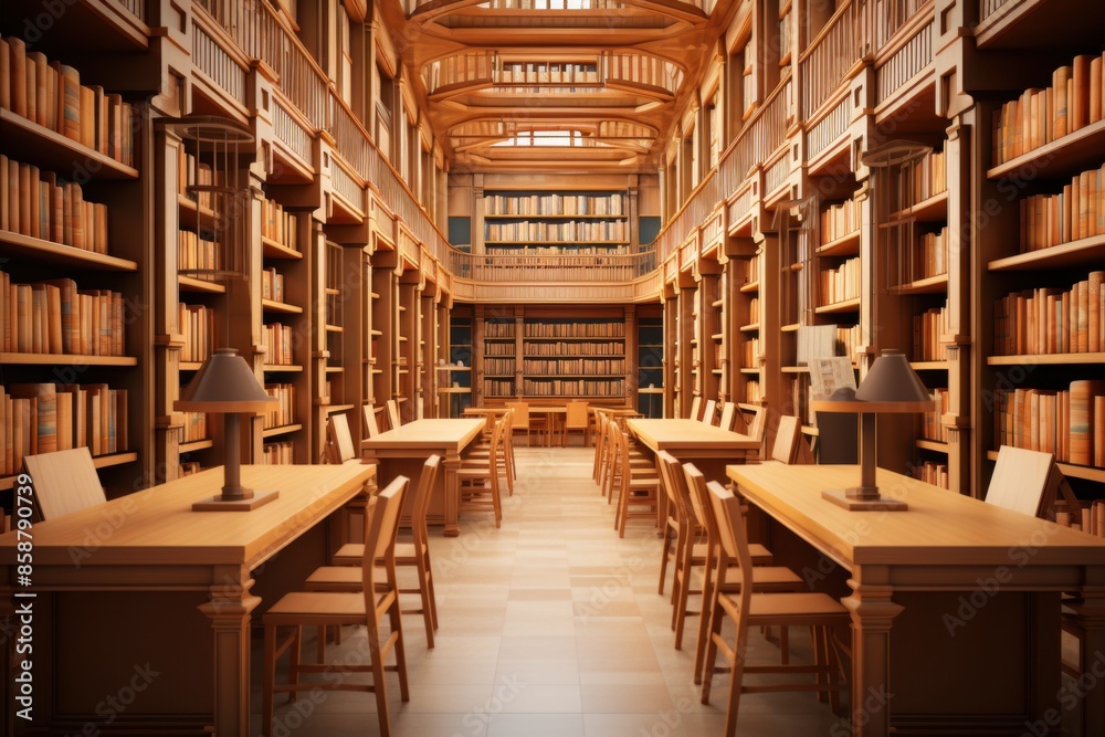 a library with wooden shelves and tables. a library with wooden shelves and tables.