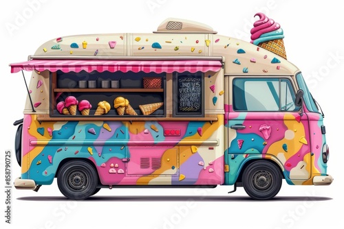Isolated vector illustration of a cheerful ice cream truck with bright colors, inviting and summery, on a white isolated background 