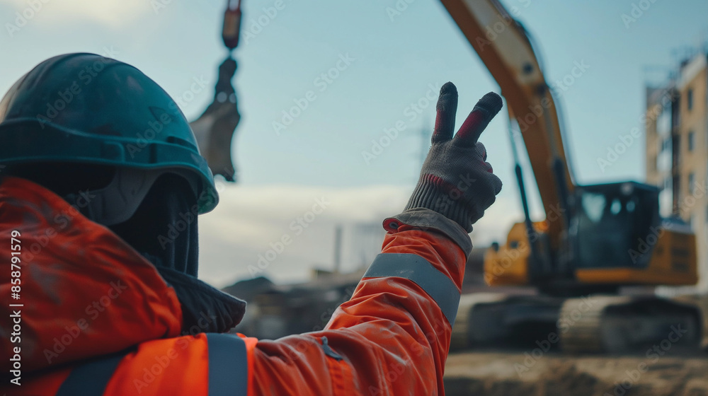 Rigger wearing protective aids standing using a hand signal by moving ...