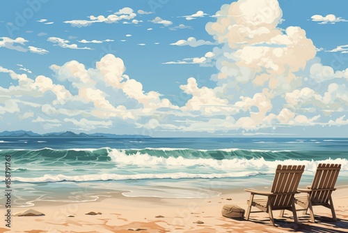 Two empty wooden beach chairs sit on a sandy beach overlooking a blue ocean. © JewJew