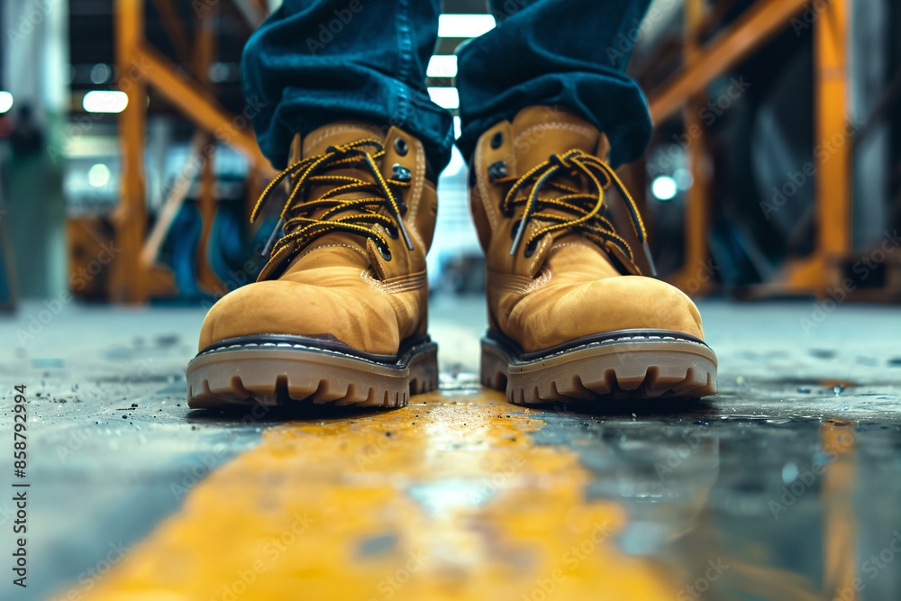 a person standing on a yellow line in a warehouse a person standing on a yellow line in a warehouse