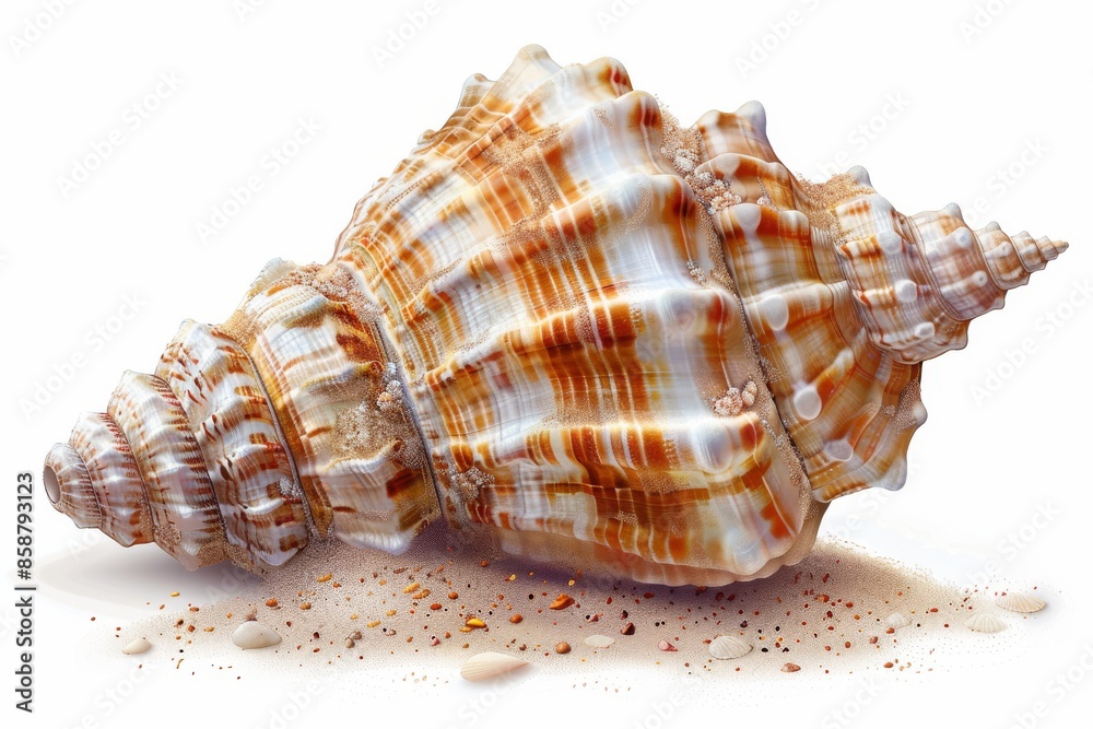 Isolated vector illustration of a detailed seashell with sand, whimsical and summery, found on summer beaches, on a white isolated background Isolated vector illustration of a detailed seashell with sand, whimsical and summery, found on summer beaches, on a white isolated background