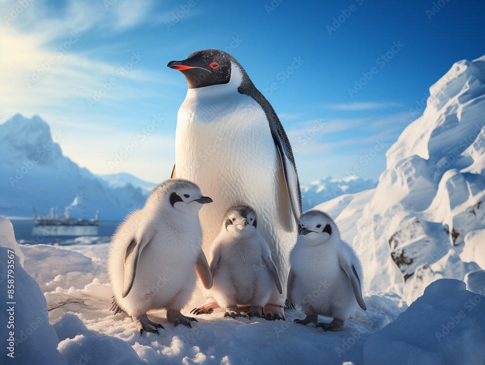 Obraz premium A heartwarming scene of a penguin family, with adults standing protectively around their fluffy chicks