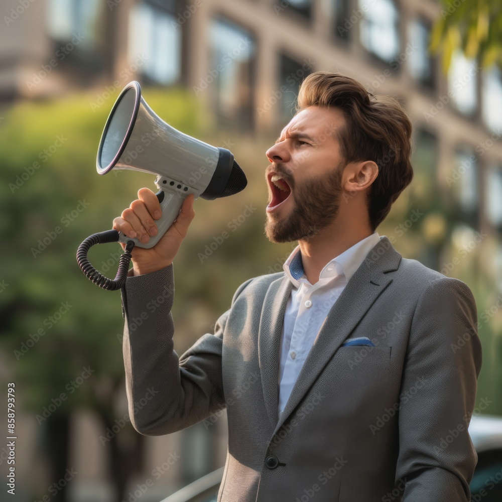 Businessman Making an Announcement with a Megaphone Outdoors Businessman Making an Announcement with a Megaphone Outdoors